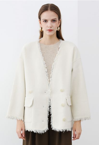 Collarless Fringed Edge Button Down Coat in Cream