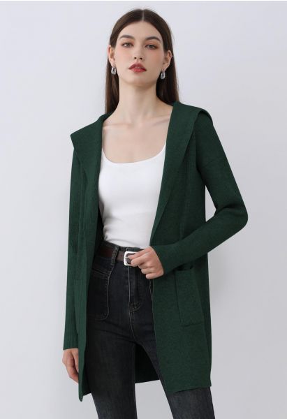 Patch Pockets Open Front Hooded Cardigan in Dark Green