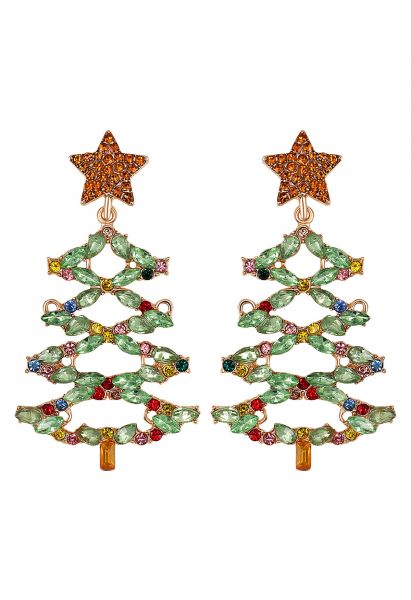 Hollow Out Christmas Tree Rhinestone Earrings in Green
