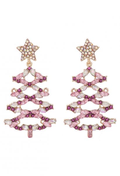 Hollow Out Christmas Tree Rhinestone Earrings in Pink
