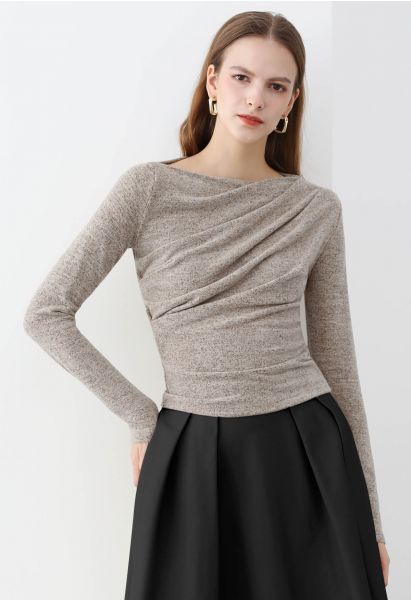Ruched Front Long Sleeve Knit Top in Oatmeal