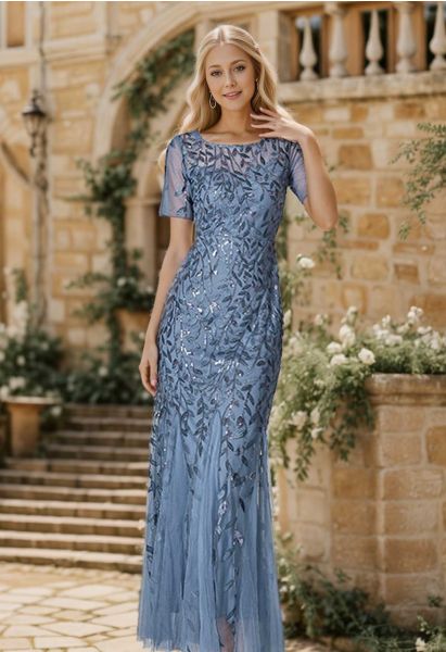 Leaves Branch Sequined Mesh Panelled Gown in Blue