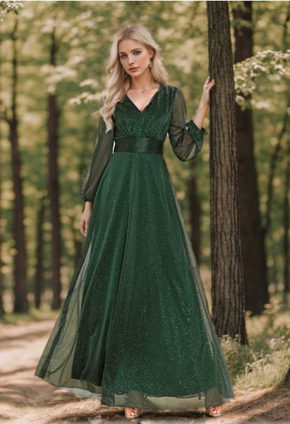 Fantasy Emerald V-Neck Glitter Gown