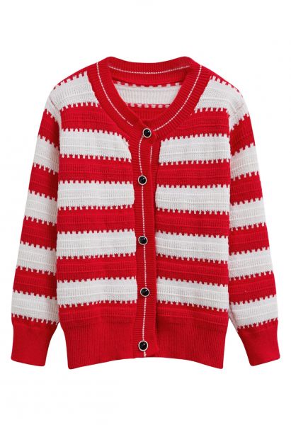 Red and White Stripe Pattern Button-Up Cardigan