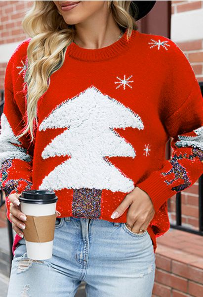 Joyful Christmas Tree and Elk Jacquard Knit Sweater in Red