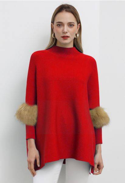 Faux Fur Sleeve Split Hem Knit Poncho in Red