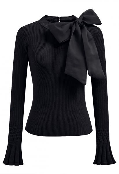 Fancy with Bowknot Knit Top in Black