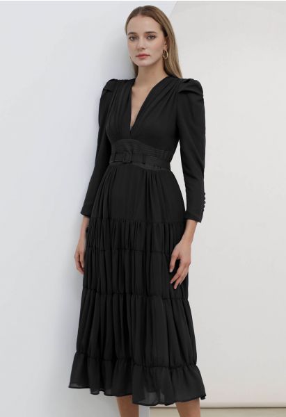 V-Neck Shirred Tiered Belted Chiffon Dress in Black