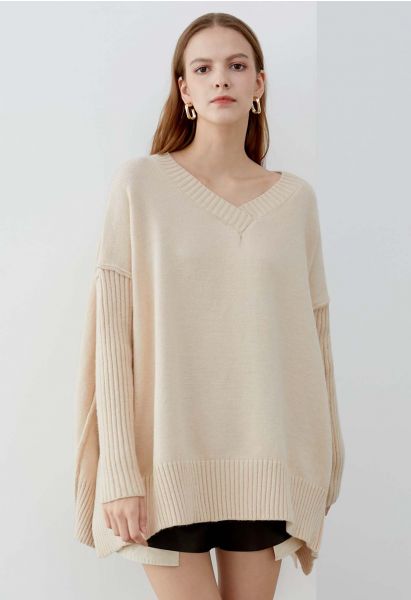 Dropped Shoulder Side Slit Slouchy Knit Sweater in Cream