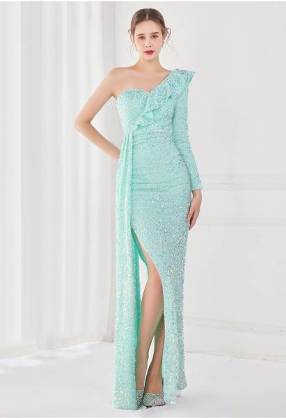 One-Shoulder Sequined Ruffle Slit Maxi Gown in Mint