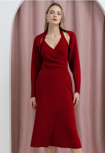 Crisscross Halter Neck Ruched Knit Dress and Shrug Set in Red