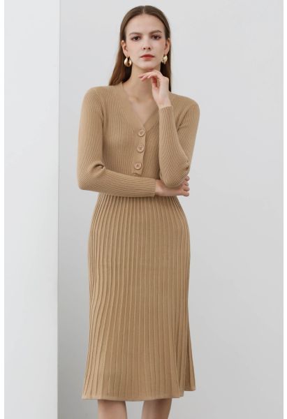 Button Detail Ribbed Knit Dress in Camel