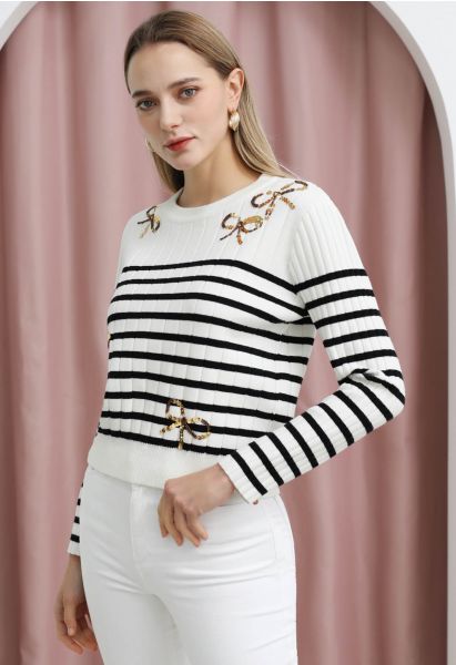 Sequin Beaded Bowknot Striped Knit Sweater in White