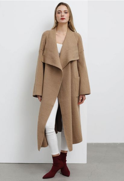 Wide Lapel Tie Waist Longline Knit Cardigan in Camel