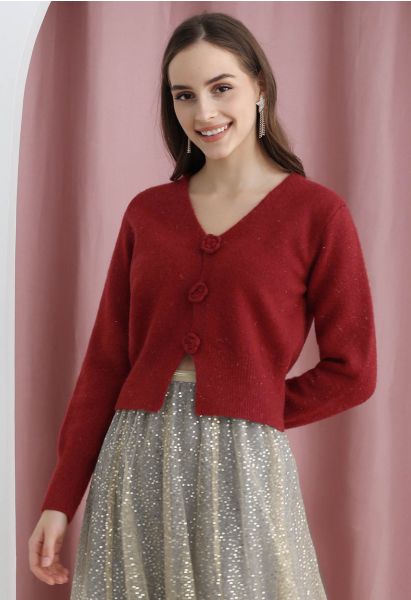Flower Decorated Metallic Shimmer Mix Knit Crop Cardigan in Red