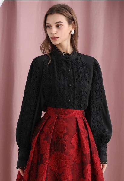 Exquisite Cutwork Bubble Sleeves Button-Up Shirt in Black