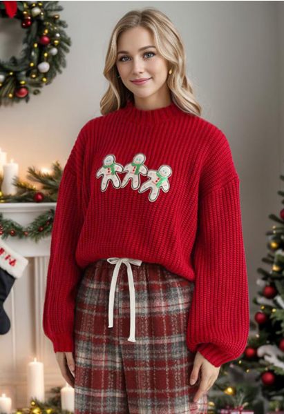 Gingerbread Man Patch Ribbed Sweater in Red