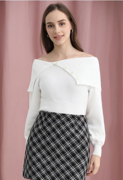 Flap Buttoned Collar Knit Crop Top in White