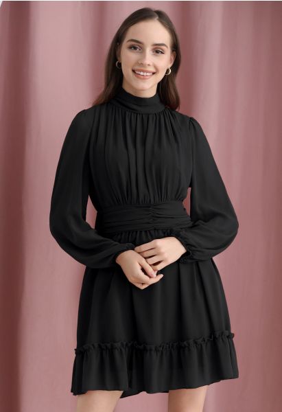 Mock Neck Ruched Waist Airy Chiffon Dress in Black