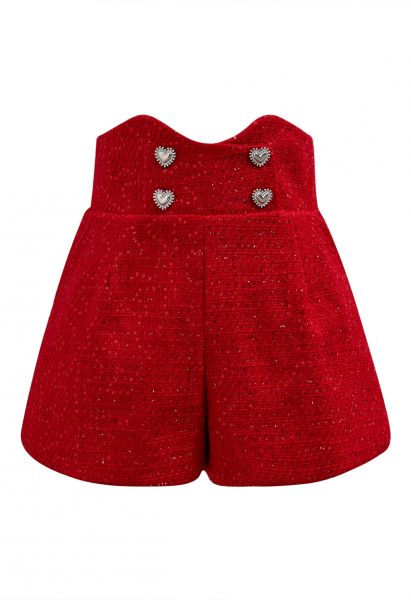 Heart Button Sequin Embellished Tweed Shorts in Red