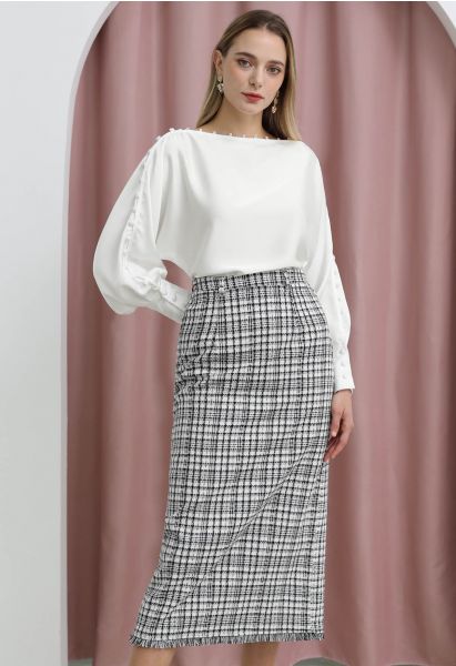 Fringed Hemline Plaid Tweed Skirt in White