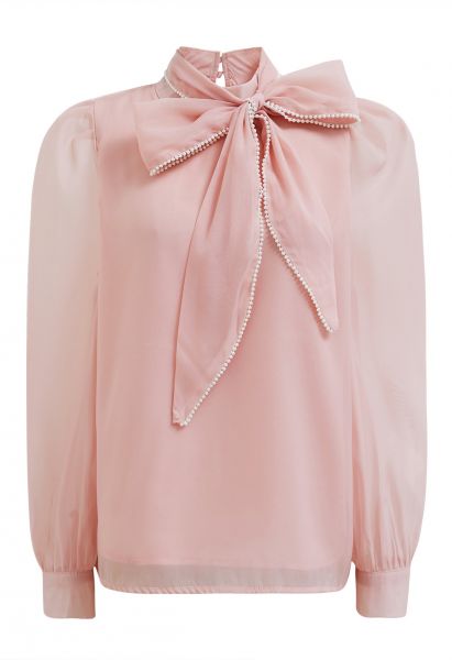 Pearly Bowknot Puff Sleeve Shirt in Pink