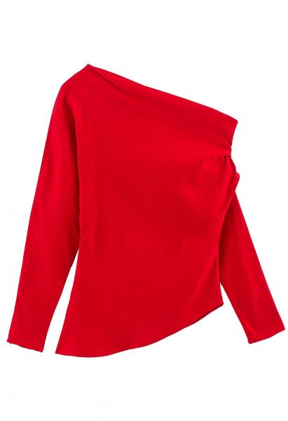 Asymmetric Ruched Detail Long Sleeves Top in Red