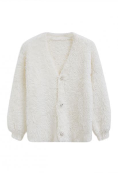 Faux Fur Button Down Knit Cardigan in Ivory
