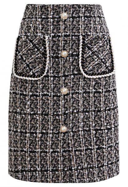 Patch Pocket Buttoned Check Tweed Skirt in Light Tan