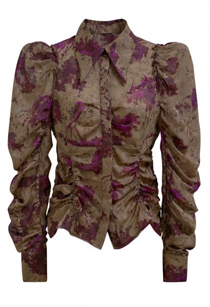 Exaggerated Gigot Sleeve Floral Jacquard Shirt in Purple