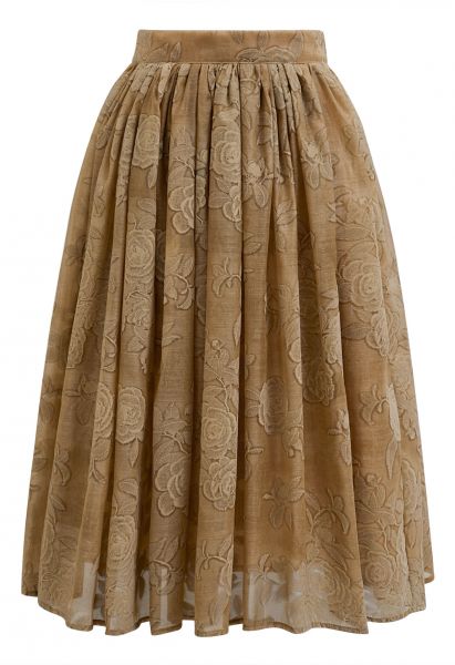 Velvet Rose Texture Organza Midi Skirt in Tan