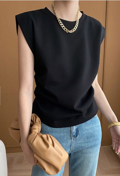 Buttoned Ruched Sleeveless Top in Black