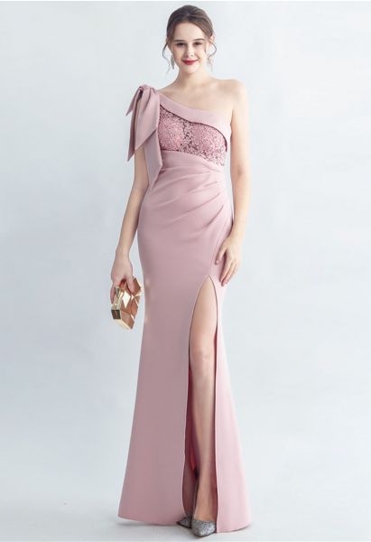 Bowknot One-Shoulder Embroidered Split Gown in Pink