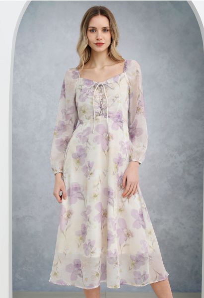 Step into Spring Floral Chiffon Midi Dress in Lilac