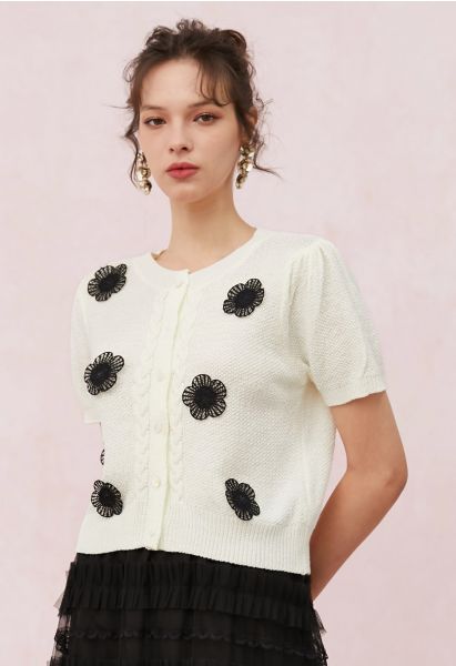 Crochet Flower Adorned Short Sleeve Knit Cardigan in Ivory