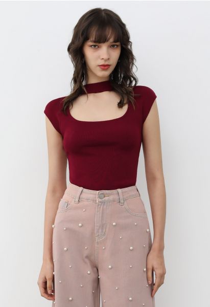 Choker Neck Cap Sleeve Knit Top in Red