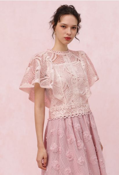 Leaves Cutwork Lace Flutter Sleeve Top in Pink