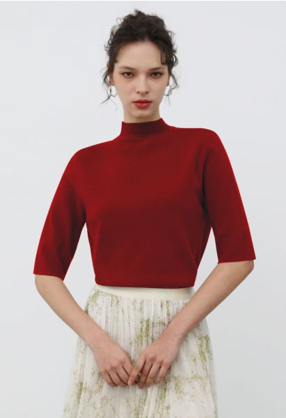 Mock Neck Elbow Sleeve Knit Top in Red