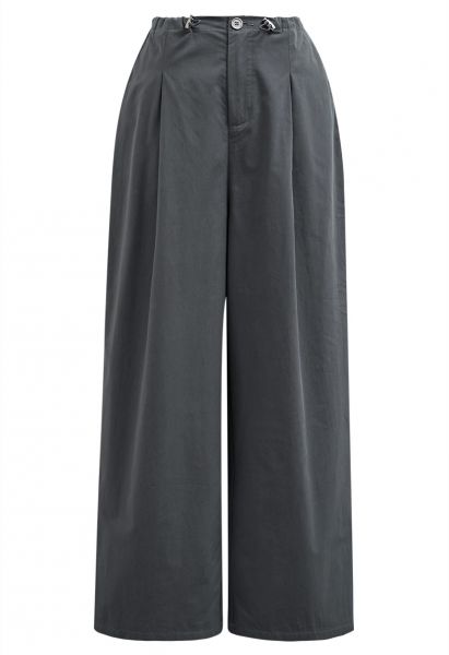 Relaxed Fit Drawstring Waist Wide-Leg Pants in Smoke