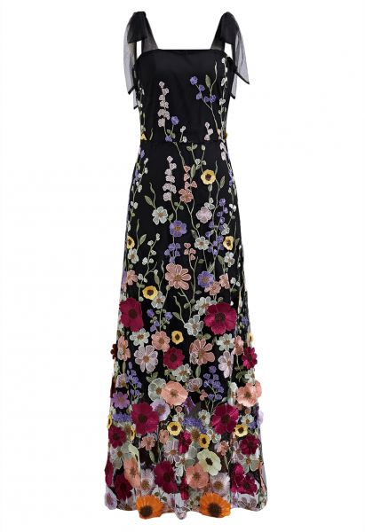 3D Floral Applique Tie-Strap Mesh Tulle Maxi Dress in Black