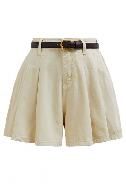 Summer Staple Pleated Belt Denim Shorts in Light Yellow