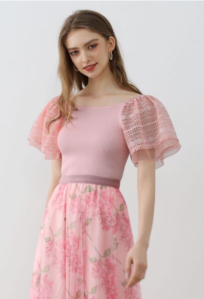 Cutwork Lace Flutter Sleeves Spliced Knit Top in Pink