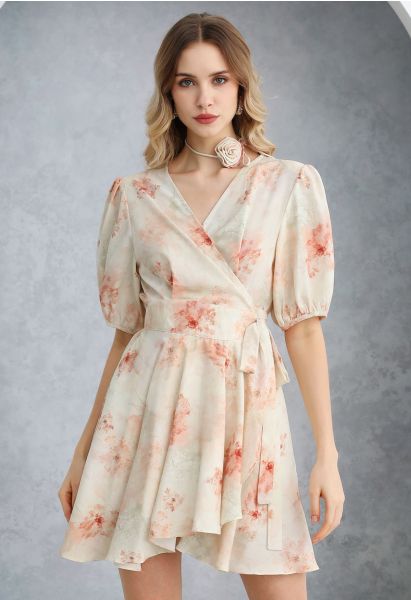 Watercolor Coral Floral Wrap Mini Dress with Choker