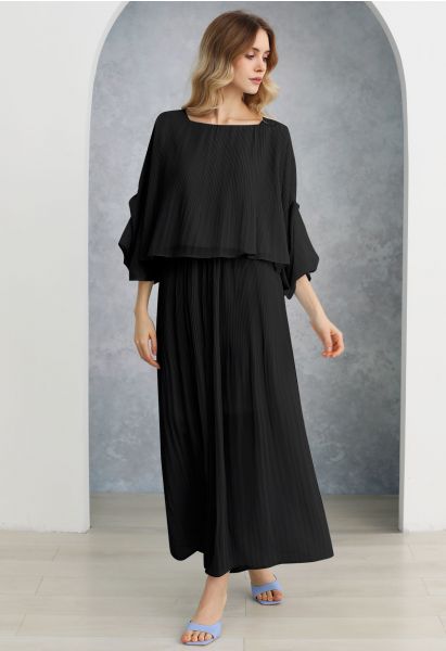Plisse Bell Sleeves Chiffon Top and Pants Set in Black