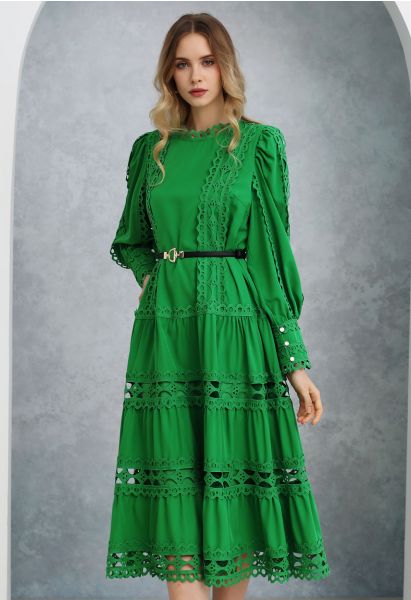 Belted Cutwork Lace Trim Bubble Sleeve Midi Dress in Green