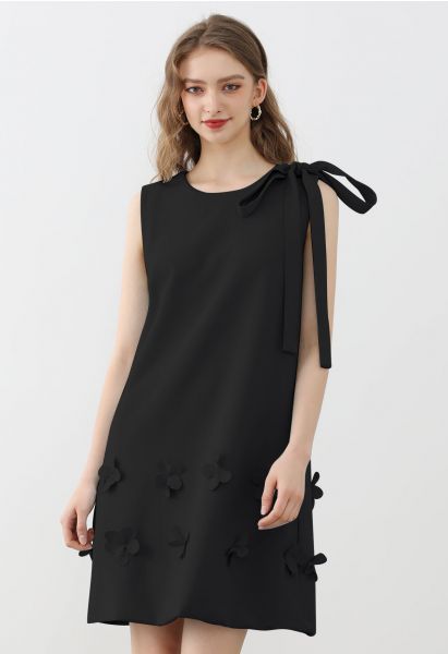 Flower Applique Bowknot Sleeveless Dress in Black