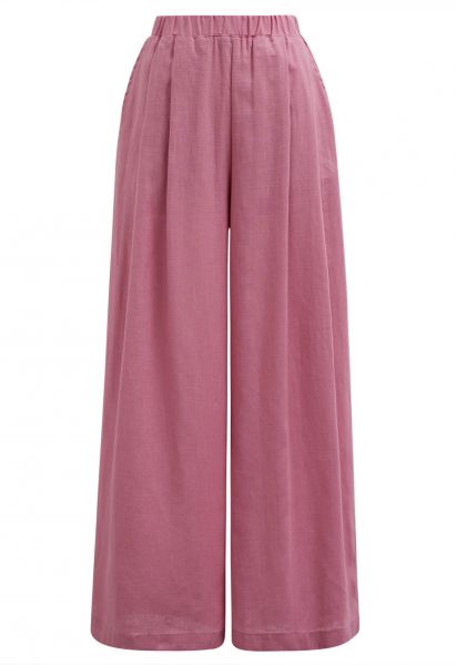 Side Pocket Wide-Leg Linen-Blend Pants in Pink