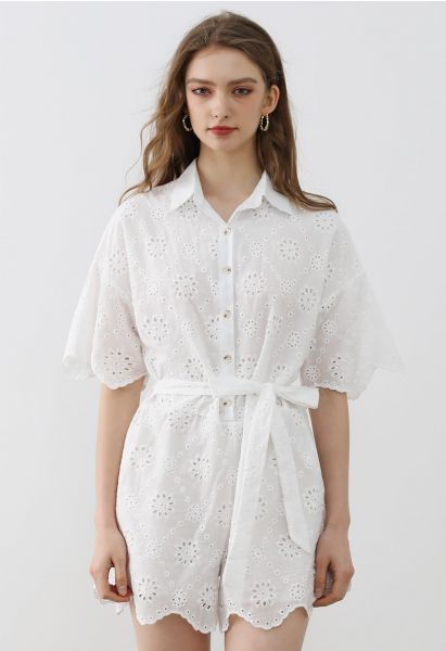 Floral Eyelet Embroidery Scalloped Edge Playsuit