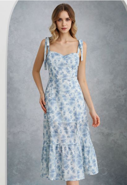 Floral Tie-Shoulder Split Midi Dress in Blue