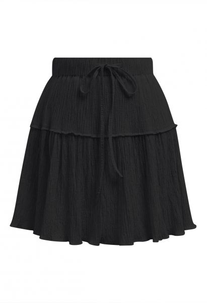 Embossed Texture Drawstring Waist Skater Skirt in Black